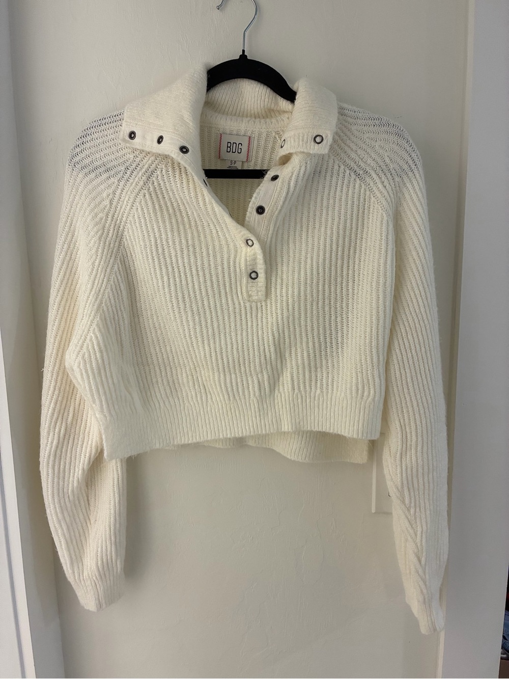BDG Cream Cropped Ribbed Snap-Front Turtleneck Sweater